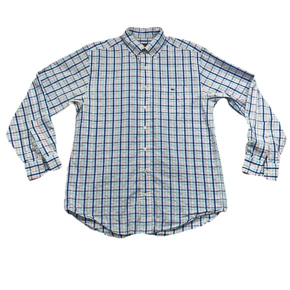 Vineyard Vines Mens Medium Button Up Plaid Pink Blue Tucker Shirt 100% Cotton - Picture 1 of 7